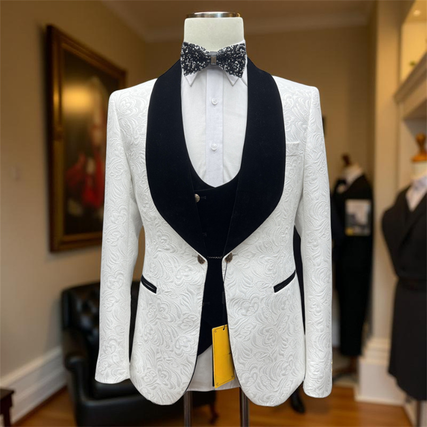 Formal Wear For Men Black Suit - 3 Pcs Floral Groom Tuxedo for