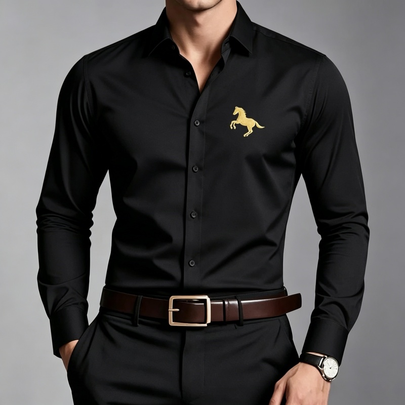 Elegant Golden Horse Logo Prin - Men Formal Office Wear Shirts ulasan dan harga