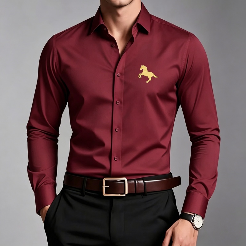 Elegant Golden Horse Logo Prin - Men Formal Office Wear Shirts ulasan dan harga